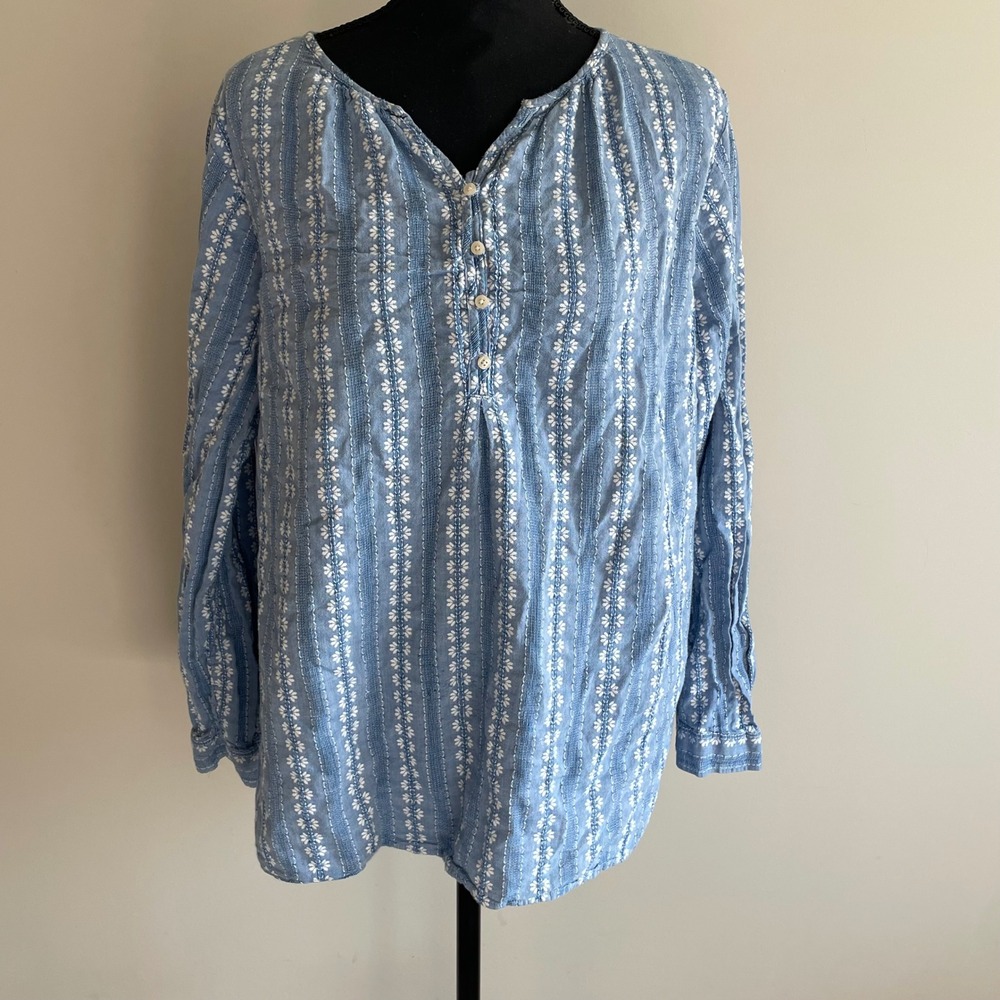Talbots Woman Petites Blue White Floral Stripe Embroidered Button‎ Up Shirt 2XP